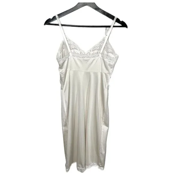 Vintage 90s Lace Floral Detail Trim Knee Length Off White Nylon Medium - Picture 2 of 7